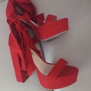 Fashion Nova Red Suede Ankle-Tie Sandals Size: